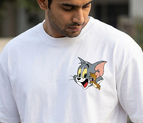 White Oversize back print with Tom and Jerry T-Shirt