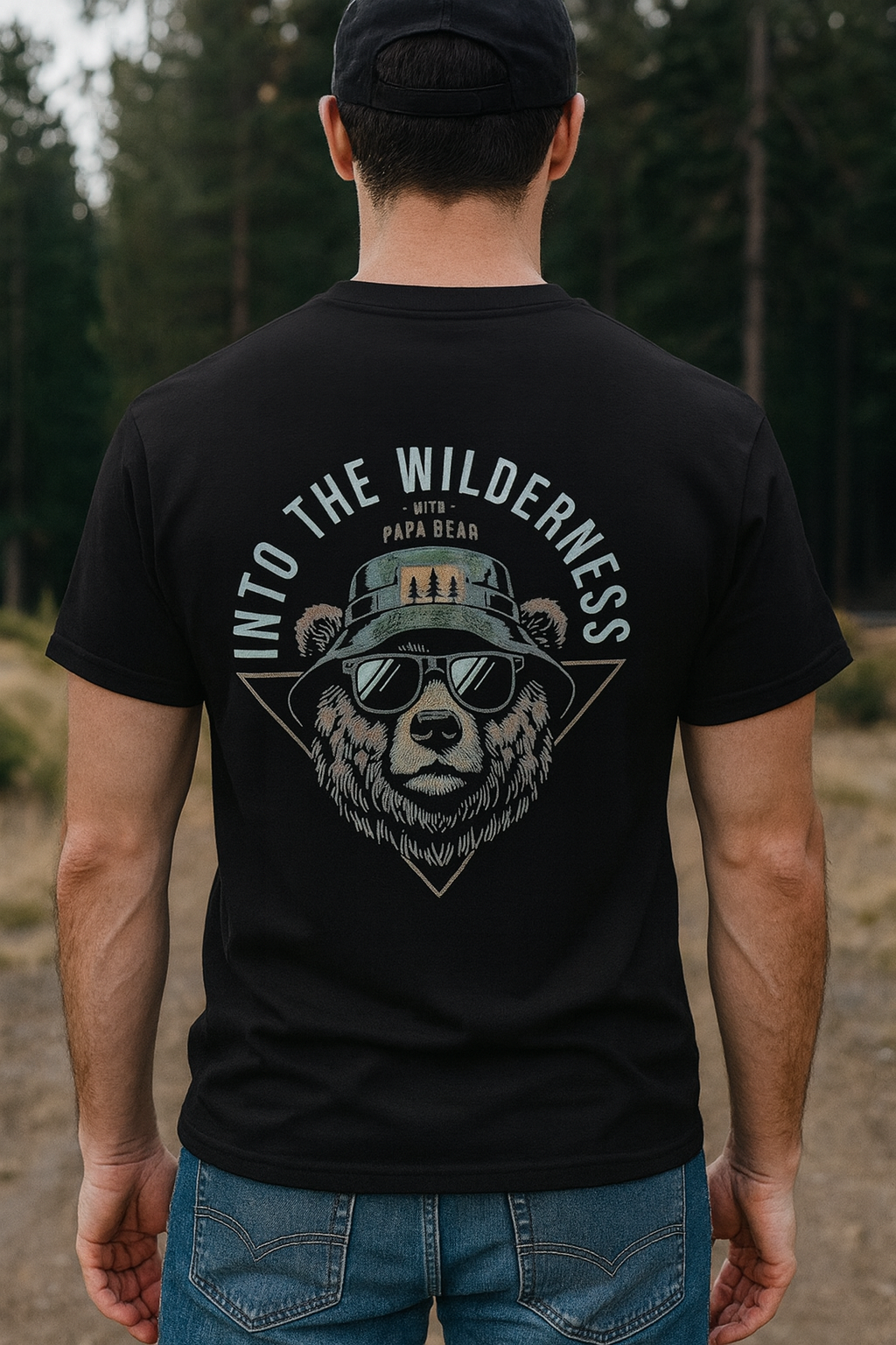Black Oversize Whith Papa Bear Back Printed Tshirt