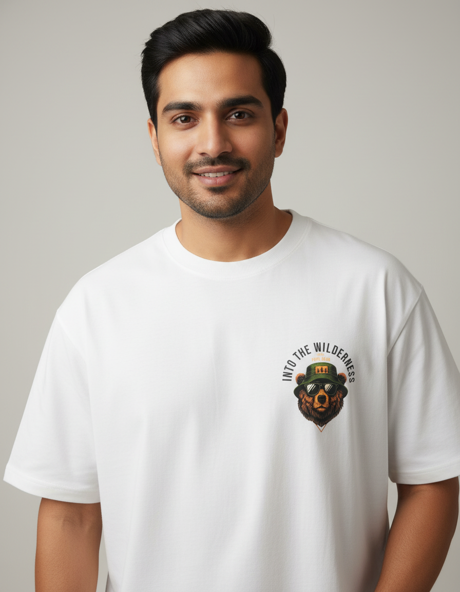 White Oversize Back  Print With Papa Bear