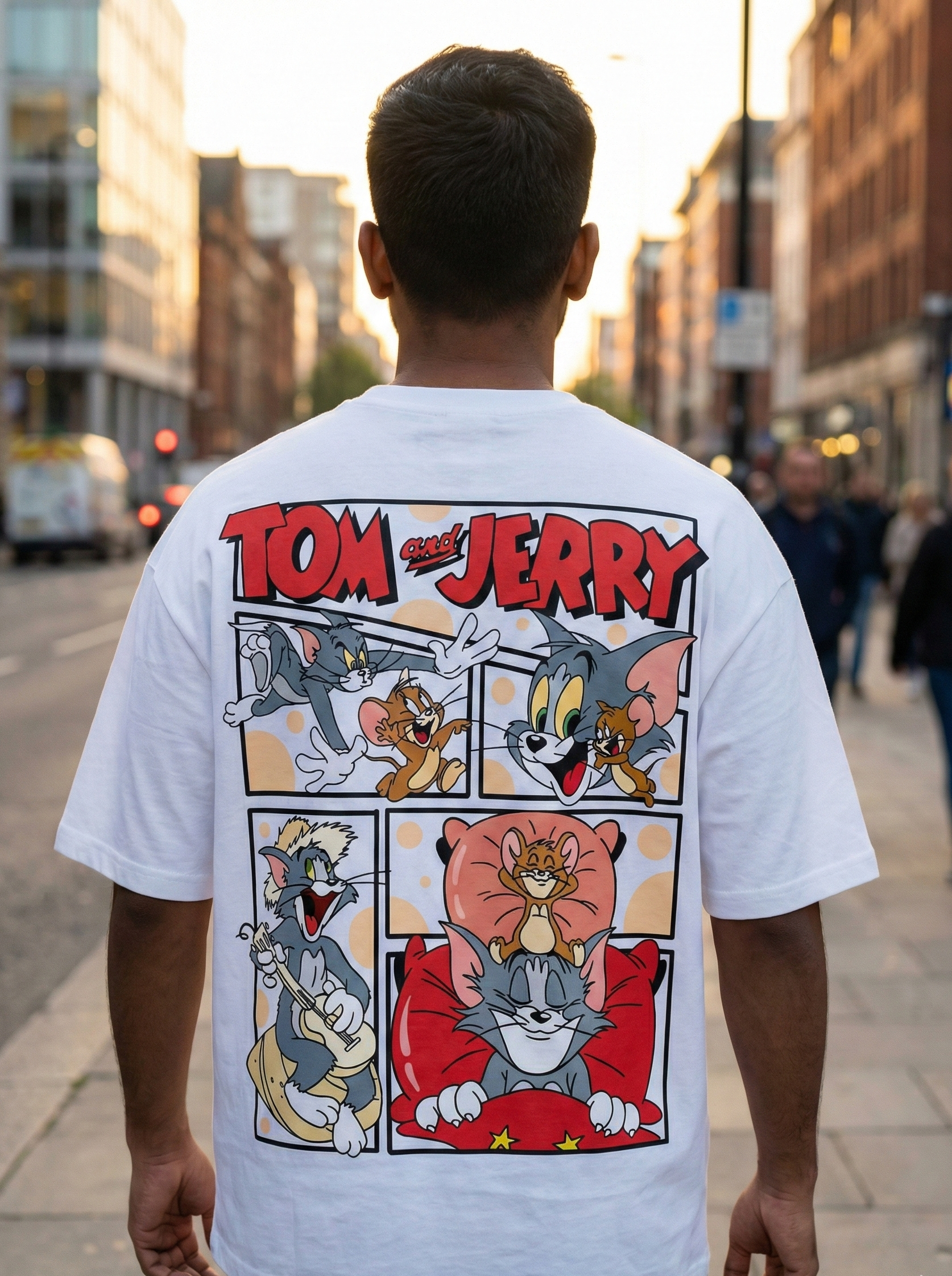 White Oversize back print with Tom and Jerry T-Shirt